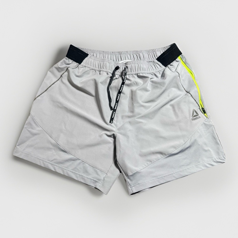 Reebok Mens Athletic Shorts XL Gray Neon Yellow Zipper Pocket Drawstring Run Gym